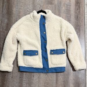 Kori fluffy sherpa fluffy soft Cream and Blue Puffer and denim Jacket